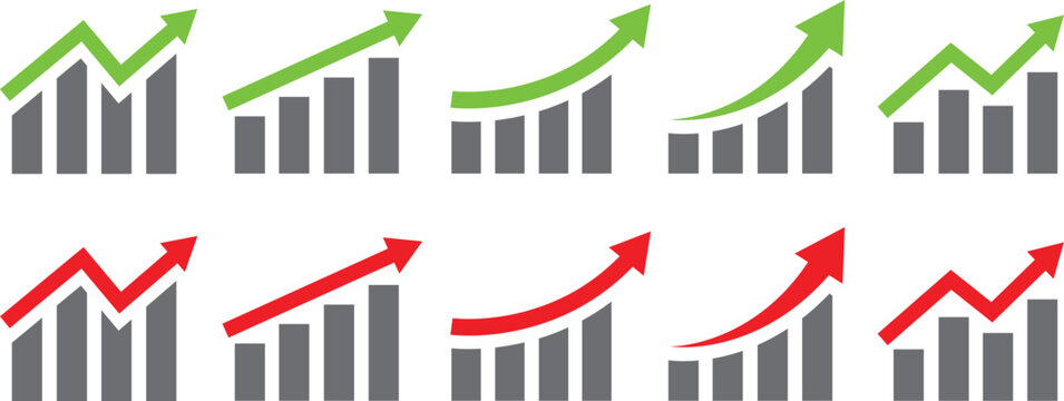 Business success growth arrow icon vector isolated on white background. Business graph with arrow. Vector growing graph icon. Growing bar graph icon. Growth vector diagram with arrow going up