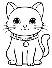 Charming Line Art: Adorable Cat Portrait with Necklace and Round Pendant