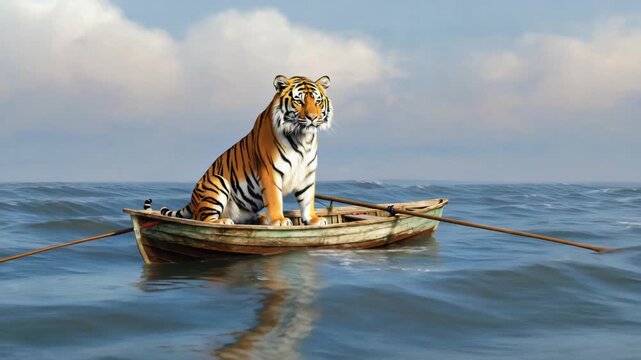 Tiger in Wooden Boat on Open Sea