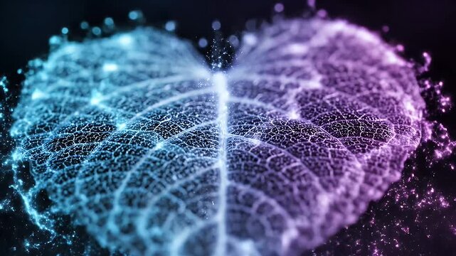 Abstract Glowing Leaf Veins with Blue and Purple Hues on Black Background.