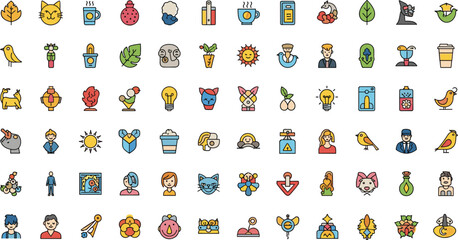 Obraz premium Cartoon icons of animals, people, nature, technology, emotions, coffee, gears, leaves, sun, abstract symbols, pastel style, colorful grid, UI elements
