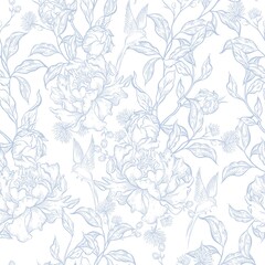 Blue toile Floral seamless pattern. Toile de jour flowers wallpaper, pattern, background. Nature gentle seamless pattern.