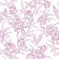 Pink Floral Chinoiserie Toile De Jouy Vintage Seamless Pattern. Featuring delicate florals, graceful birds, and romantic motifs.