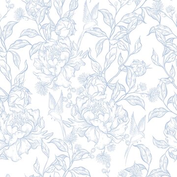 Blue toile Floral seamless pattern. Toile de jour flowers wallpaper, pattern, background. Nature gentle seamless pattern.