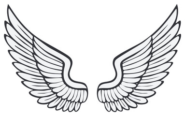 Obraz premium Stylized illustration of feathered wings in symmetrical arrangement, soaring, angelic, ethereal flight depiction, graphic design element