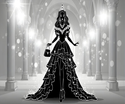 Princess in ball gown in classical hall