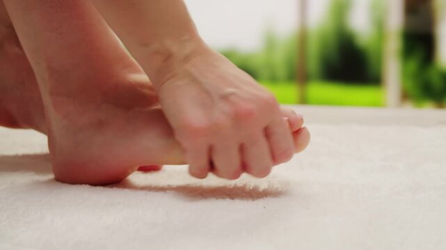 Woman using cream cosmetics in bathroom, applying moisturizing cream to her leg while sitting in a bathtub. Skincare and body care routine, middle aged woman use scrub macro close up. 