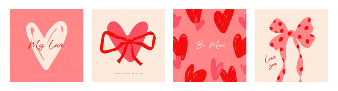 Set of square card designs in painterly sketch style featuring hearts and ribbon bows for Valentine's Day holiday and romantic celebration, vector illustration