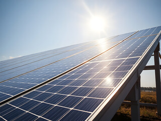 Close-up of Solar Panels Grid under Bright Sunlight Renewable Energy Concept