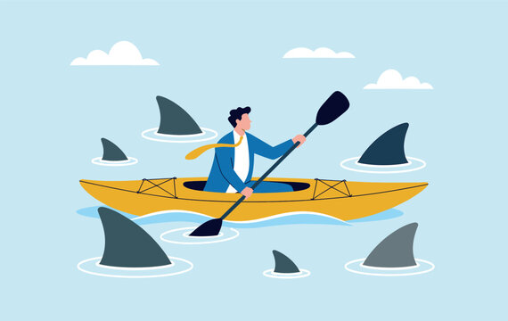 Businessman navigating through shark-infested waters, symbolizing business challenges and risks
