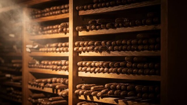 Medium shot of wooden shelves filled with rows of cigars aging steadily in a climatecontrolled room highlighting natural textures and warm tones.
