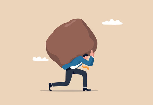 Man carrying a huge rock on his back symbolizes burden and hardship