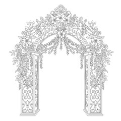 Obraz premium Wedding Gate Line Art Vector Illustration | Elegant Ceremony Entrance Outline | Floral Wedding Decor Design
