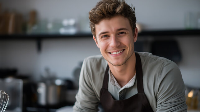 Portrait of smiling young man enjoying cooking class in kitchen culinary education participant learning food preparation happy cooking student at culinary workshop food