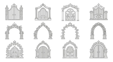 Fototapeta premium Wedding Gate Line Art Vector Illustration | Elegant Ceremony Entrance Outline | Floral Wedding Decor Design