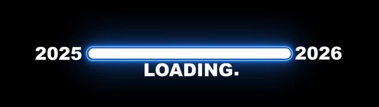 New year 2026 loading bar animation Year changing from 2025 to 2026. Loading bar from 2025 to 2026 new year transfer animation. Almost reaching New Year on black background.