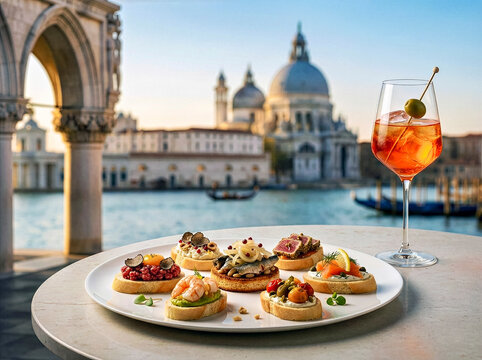 Venezianische Cicchetti und Spritz Cocktail vor der Santa Maria della Salute bei Sonnenuntergang