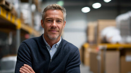 Obraz premium Portrait of mature man standing in distribution warehouse logistics professional managing inventory facility supply chain worker in organized storage environment warehouse opera