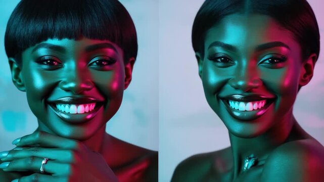 Happy Woman Touching Face in Creative Studio Lighting
