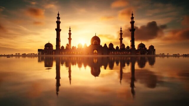 A grand mosque silhouette reflects on still water at sunset, with golden hues and minarets