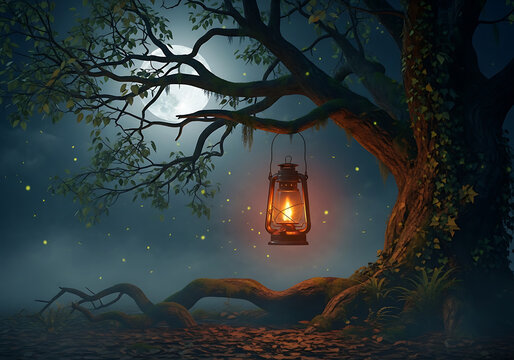A lantern hanging from a tree branch on a moonlit night with fireflies transparent background