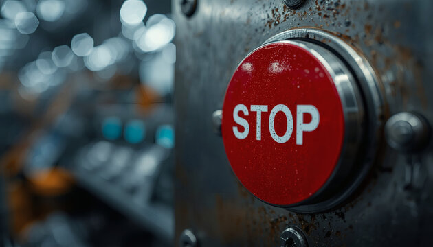 Red industrial emergency stop button close up. Factory safety switch equipment.