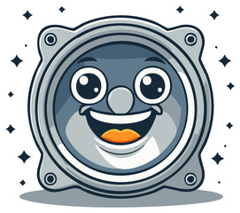 Cartoon Speaker with a Happy Face and Sparkling Stars - Audio System Illustration