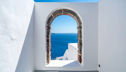 Interior View Through Whitewashed Stone Window Arch Overlooking Turquoise Mediterranean Sea, Bright Sunlight, Geometric Shadows, Minimal Coastal Architecture