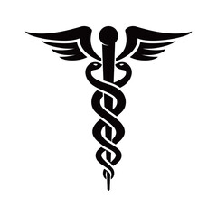 Classic caduceus logo vector featuring a winged staff with two intertwined snakes, symbolizing medicine, healthcare, and medical services, isolated on white background.