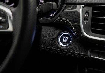 Fototapeta premium Close-up of an illuminated engine start stop button on the black leather dashboard of a luxury car.