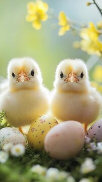 A heartwarming scene of two fluffy chicklings standing next to a variety of brightly colored Easter eggs. The chicks and eggs are surrounded by soft grass and delicate flowers,