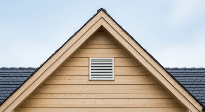 A white ventilation grille installed on the wooden gable of a modern house against a blue sky.