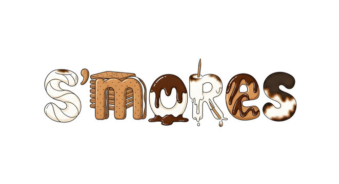 Creative smores lettering with melting chocolate and toasted marshmallow icons