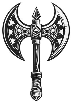 Ornate double bladed battle axe weapon for warrior or fighter concept illustration
