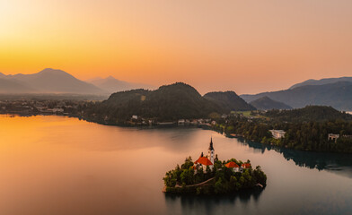 Bled, Slovenia. Bled Castle with Lake Bled with the Church of the Assumption of Maria and Julian Alps in the background
