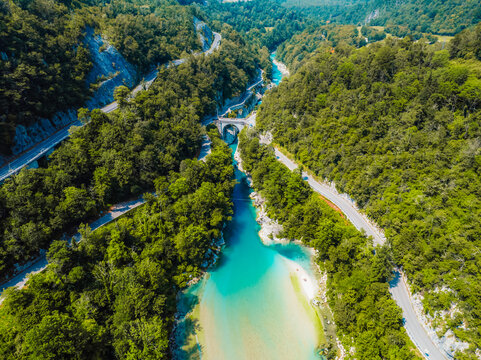 Amazing view of Soca river and Napoleon's bridge near Kobarid (Caporetto) Slovenia