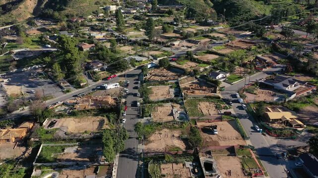 Drone view of empty lots of homes left behind from the Eaton fire, Pacific Palisades. January 2025, a series of 14 destructive wildfires affected the Los Angeles County in California, United States.