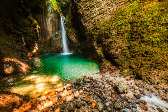 Kozjak waterfall in Slovenian alps near soca river