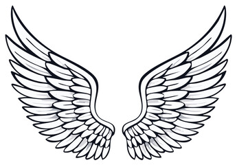 Obraz premium Stylized Angel Wings Illustration, Black Outline Graphic with Detailed Feathering, Bird Wings Design for Tattoo or Emblem