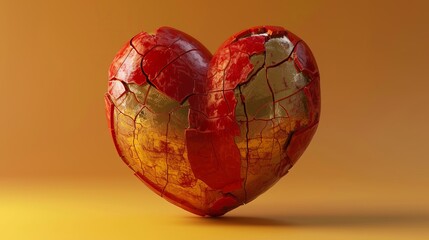 Naklejka premium Shiny red 3d broken heart isolated on a bright yellow background for emotional impact