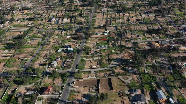 Drone view of empty lots of homes left behind from the Eaton fire, Pacific Palisades. January 2025, a series of 14 destructive wildfires affected the Los Angeles County in California, United States.