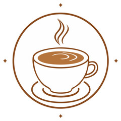 Obraz premium Steaming cup of hot coffee or tea on a saucer inside a decorative brown circle line art illustration