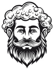 Fototapeta premium Stylized illustration of a bearded man with curly hair and a mustache, graphic design.