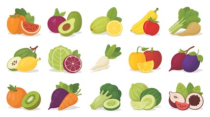 Fototapeta premium Set of vector icons and illustrations of fresh fruits, vegetables, healthy food items, flat design, bright colors, simple line art, suitable for web, app or menu design