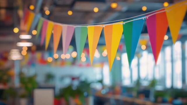 A vibrant banner hangs above desks in an office.