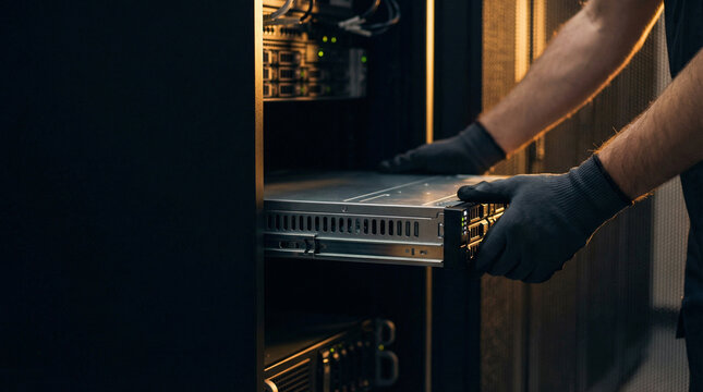 IT technician sliding rack server out of cabinet for maintenance and hardware upgrade
