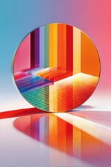 Obraz premium Colorful rainbow circle mirror with geometric reflection and vibrant color spectrum artwork