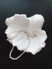 Pearl necklace and seashell on black background