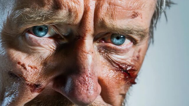 A man with cuts and bruises on his face.