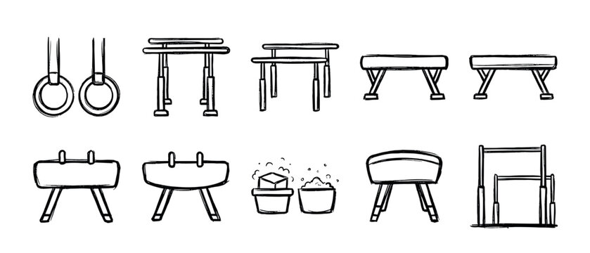 Set of artistic gymnastics equipment icons drawn in a simple black and white doodle style, including rings, parallel bars, pommel horse, vault, and balance beam for sports training